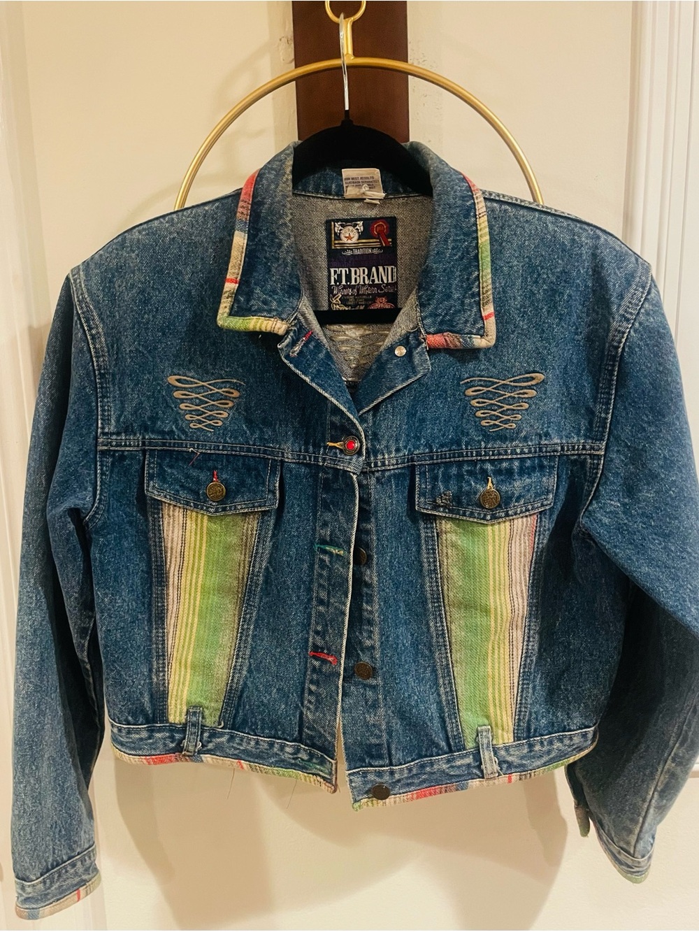 Filippo Totti Brand Denim Jacket with Multicolor Stripe Trim